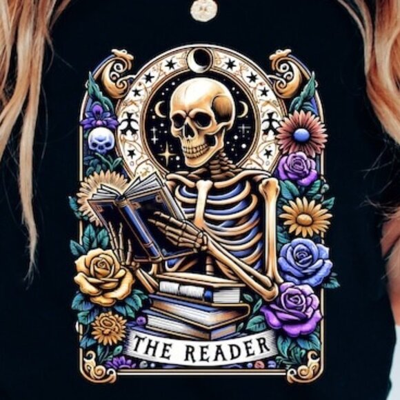 The Reader Tarot Card Shirt Skeleton Reading Shirt Unisex Book Lover Gift Book - Picture 2 of 4